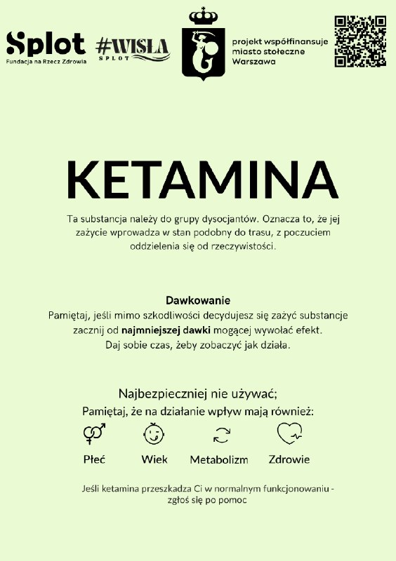 ulotka nt. Ketaminy: działanie na organizm, niepoożądane efekty i sposoby ich minimalizacji ; wyśrodkowany tekst na jasnym tle, z logami na dole strony ;
