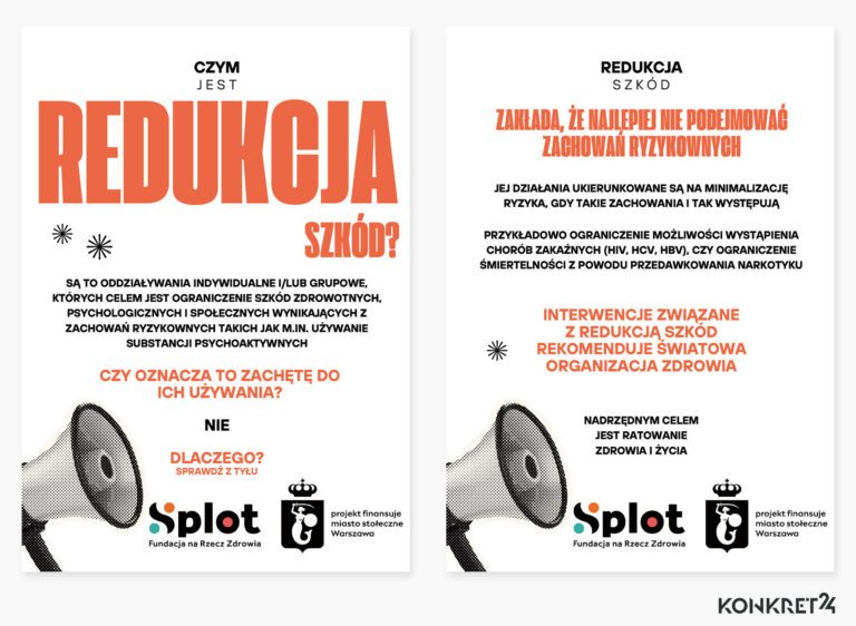 ulotka informująca o działaniach Redukcji Szkód (ang. harm reduction) ; jaskrawy nagłówek na każdej z dwóch stron i wyśrodkowany tekst, również w kilku miejscach wyjaskrawiony ; na dole strony loga i obrazek tzw. szczekaczki – głośnika do mówienia.