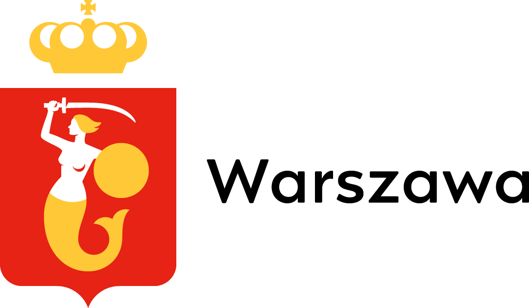Logo Warszawy z Syrenką z lewej strony na tle czerwonej tarczy i napisem Warszawa na prawo
