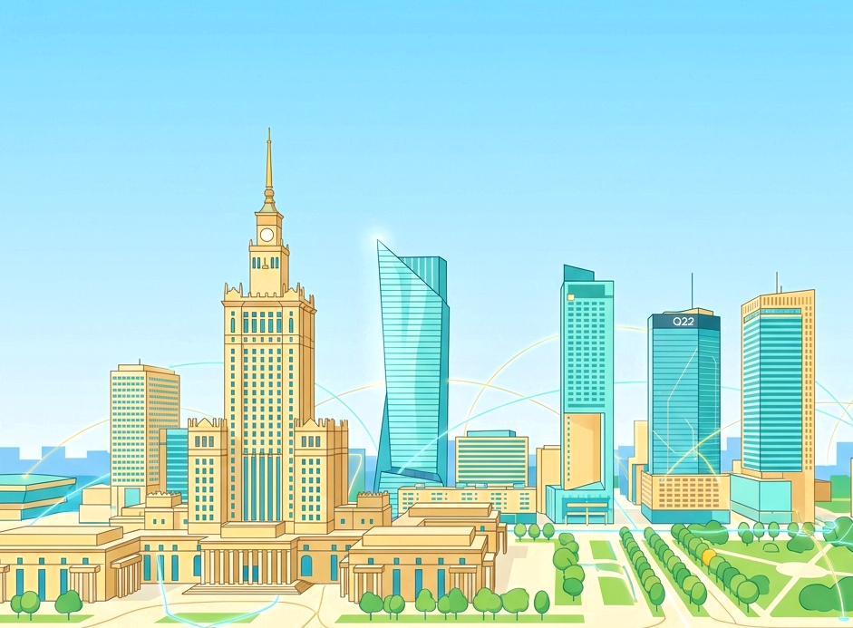 Generowana ilustracja panoramy centrum Warszawy z Pałacem Kultury na pierwszym planie i linią wieżowców po jego prawej stronie