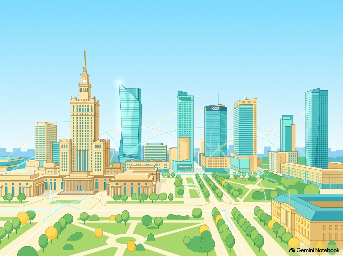 Generowana ilustracja panoramy centrum Warszawy z Pałacem Kultury na pierwszym planie i linią wieżowców po jego prawej stronie